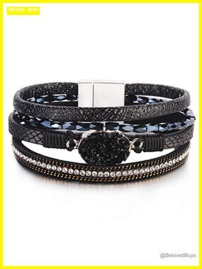 Chunky Boho Wrap Bracelet Stackable Leather Magnetic Clasp